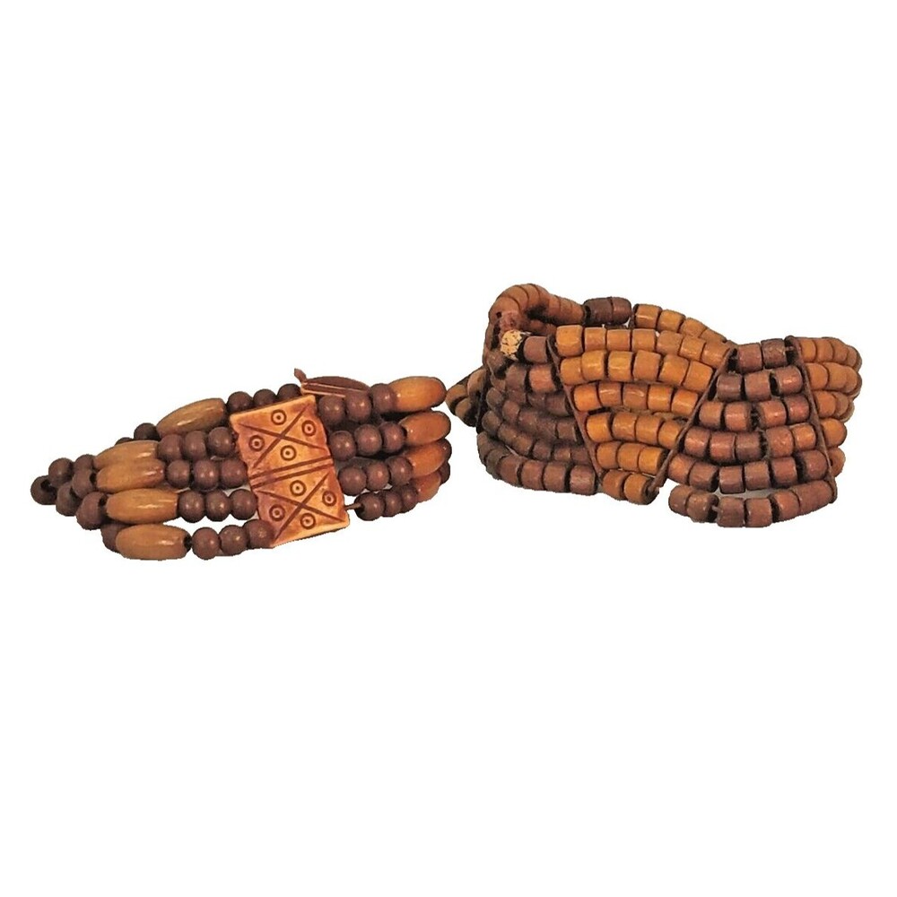 2 Brown Layered Multistrand Wooden Beaded Stretch Bracelet w Bar Accents set
